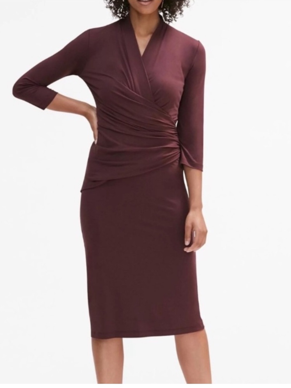 MM LaFleur Casey Faux Wrap Ruched Midi Dress in Dark Red/Purple - Size M